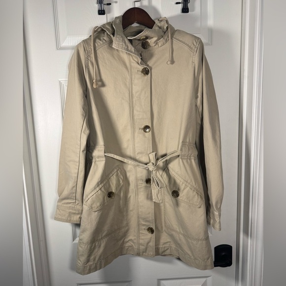 GAP Vintage Y2K Khaki Trench Coat Carmel Tan Button Zipper Combo Womens Small - Picture 1 of 9